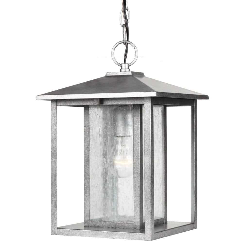 Hunnington 1-Light Outdoor Pendant in Weathered Pewter with Clear Seeded Glass