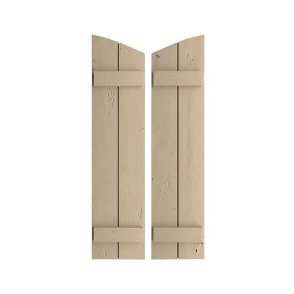 Ekena Millwork 11 in x 86 in Polyurethane Knotty Pine Two Board Joined Board-n-Batten Elliptical Top Shutters Primed Tan