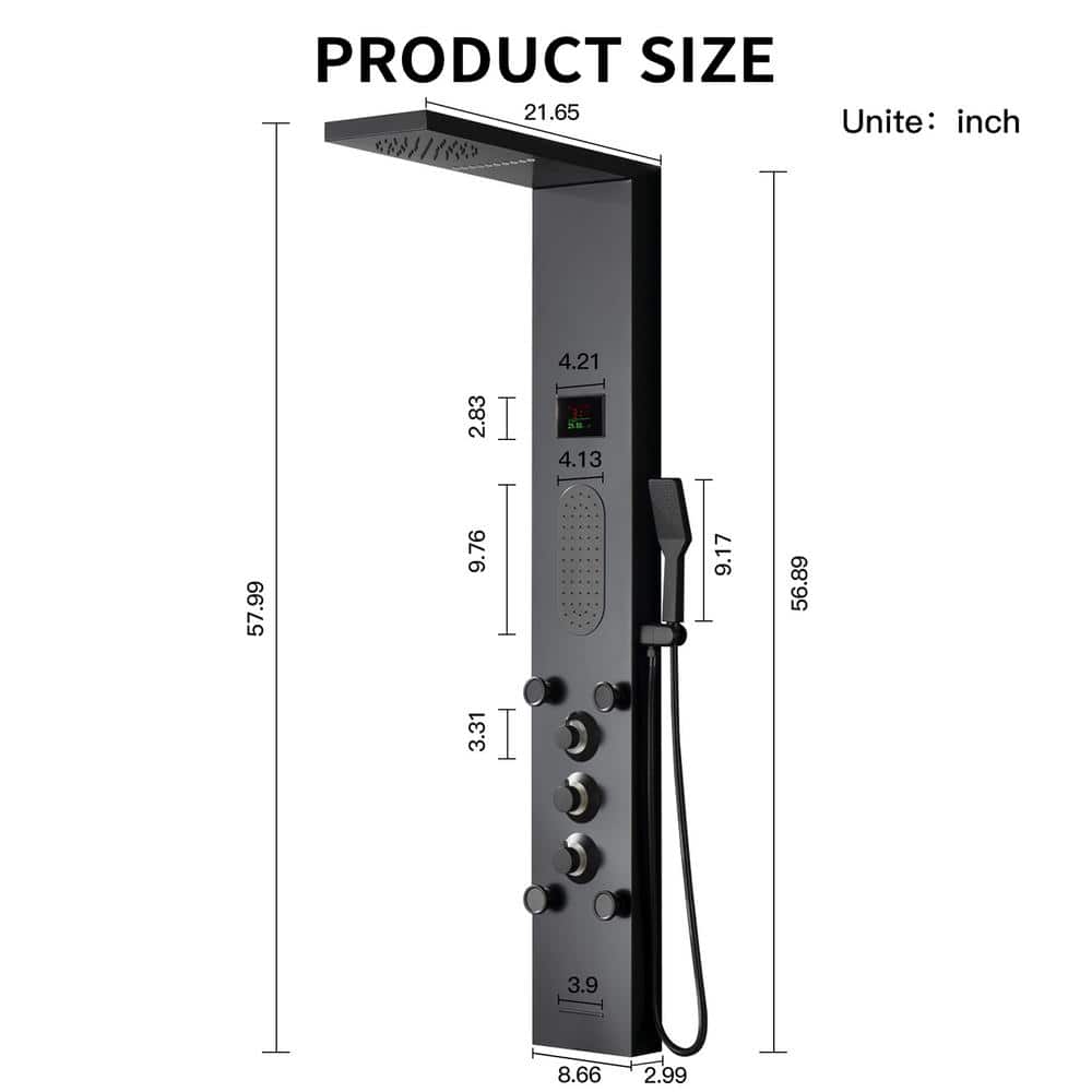 Matte Black LED Shower Panel with Brass Jets and Handheld