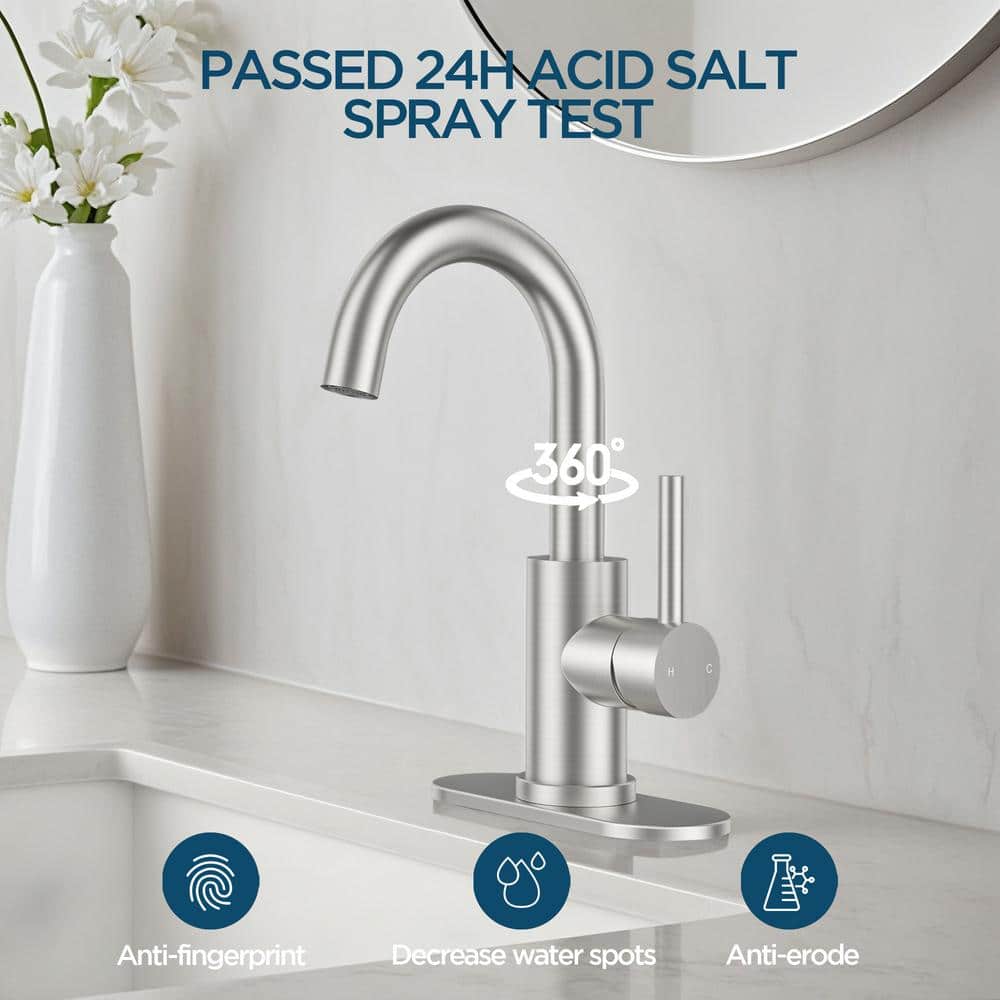 Brushed Nickel Single Handle High Arc Bathroom Faucet with Drain Kit