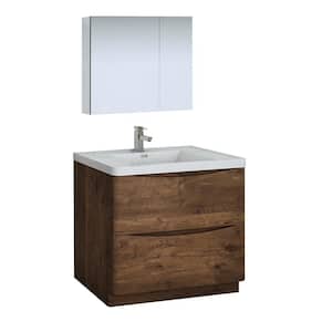 Tuscany 36 in. Modern Bathroom Vanity in Rosewood with Vanity Top in White with White Basin and Medicine Cabinet