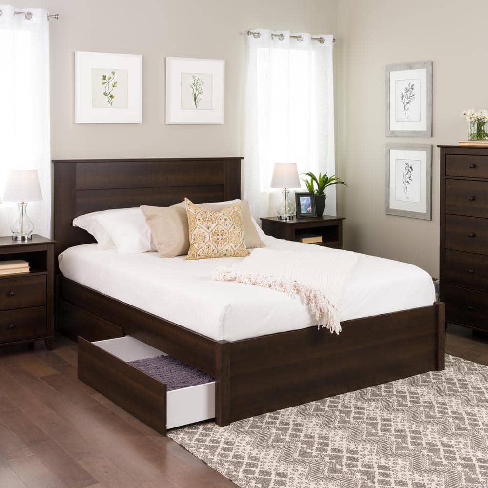 Espresso Queen Wood Frame Platform Bed with Storage Drawers