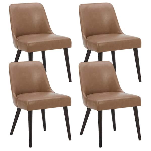 Spruce & Spring Leo Saddle Brown Mid-Century Modern Dining Chairs with PU Leather Seat and Wood Legs for Kitchen (Set of 4)