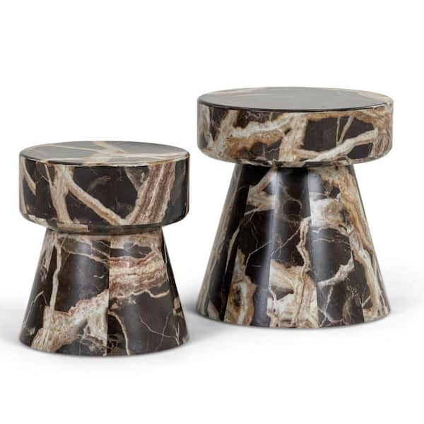 Cid Ria 21.7 in. Brown and White Round Faux Marble End Table with Pedestal Base (Set of 2)