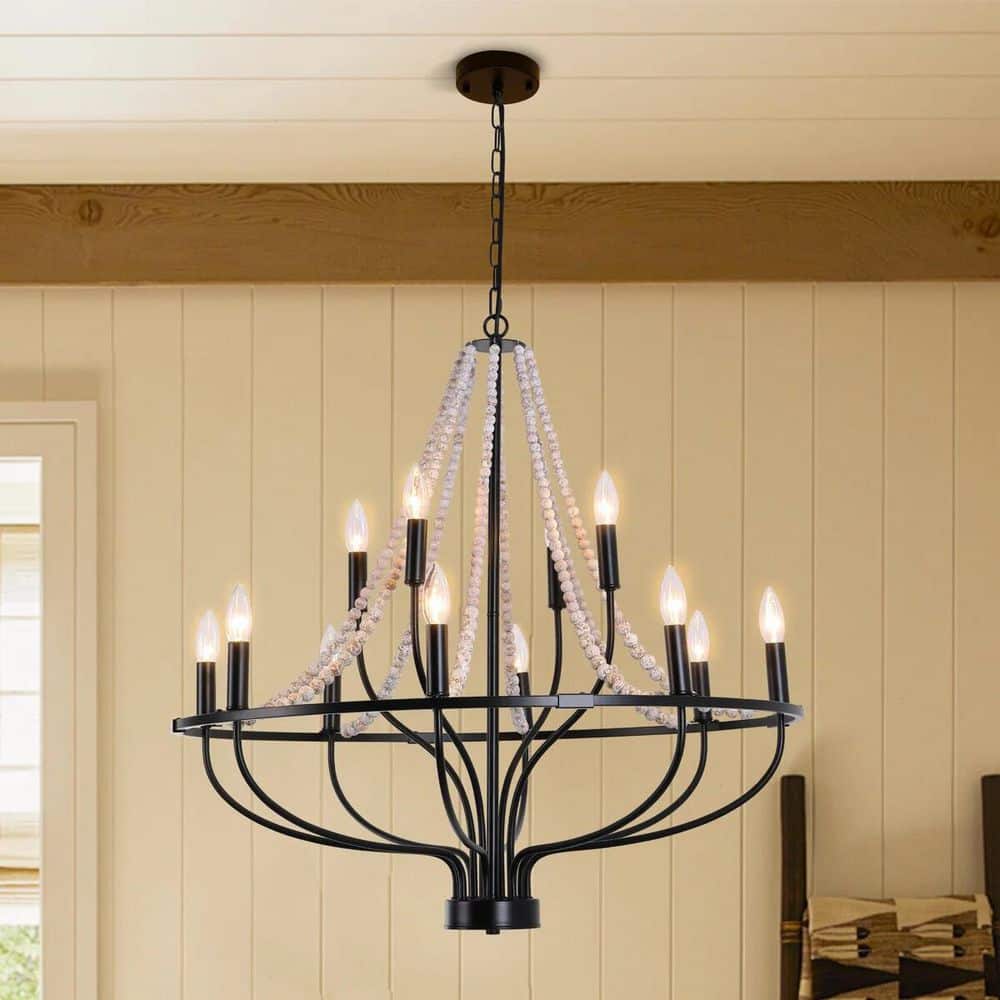 12-Light Black Farmhouse Classic Wagon Wheel Dimmable Chandelier with No Bulbs Included for Kitchen Island Living Room price history on PriceWatchPro