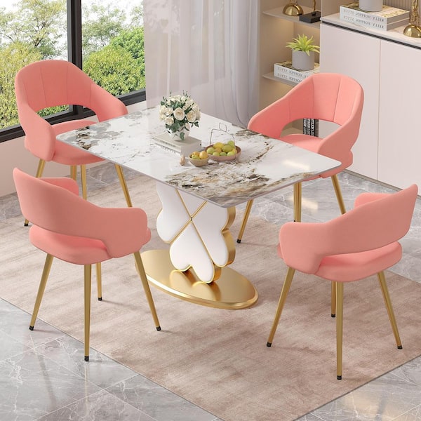 Elegant Pink Velvet Dining Chairs with Gold Metal Legs-Modern Upholstered Dining Room Chairs, Set of 4