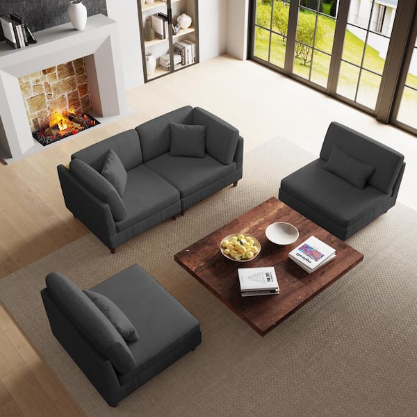 Uixe 160.5 in. Straight Arm 4-Piece Corduroy Upholstered 4-Seater Sectional Sofa in. Gray
