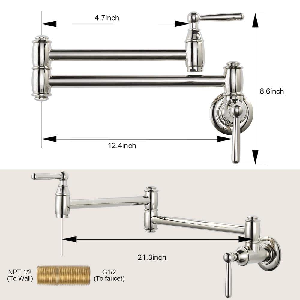 Polished Nickel Double Handle Wall Mount Pot Filler Faucet