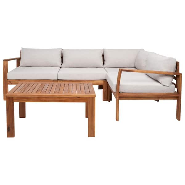 Endelia Natural 4-Piece Wood Patio Conversation Set with White Cushions