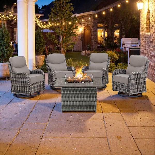 4 Seat 5-Piece Gray Wicker Outdoor Fire Pit Patio Set with Gray Cushions, Swivel Chairs and Square Fire Pit Table