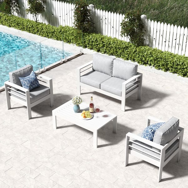 4-Piece Aluminum Patio Conversation Set with 2 Armrest Chairs, Loveseat and Coffee Table and Light Gray Cushion