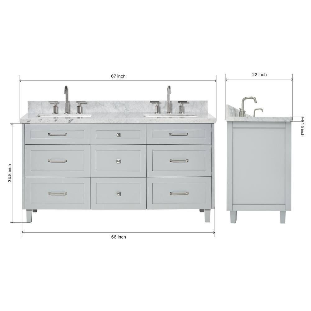 Monroe 67" Light Gray Wood Double Sink Vanity with Carrara Marble Top