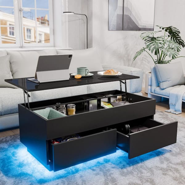 Hommpa 40.16 in. Black Rectangle Particle Board Lift Top Coffee Table with RGB LED Light, Hidden Compartment and 2-Drawers