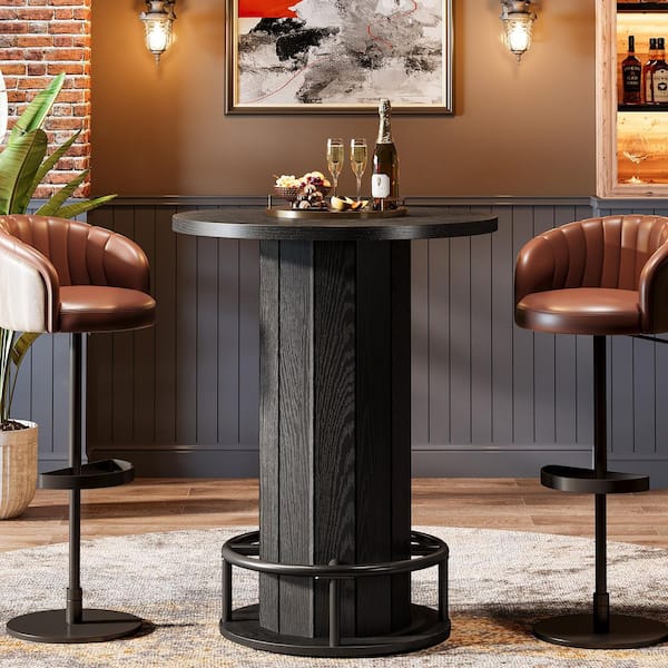 Kearsten 39.4 in. H Black Round Bar Table, Bistro Pub Table with Metal Ring Footrest for Dining Coffee Cocktail