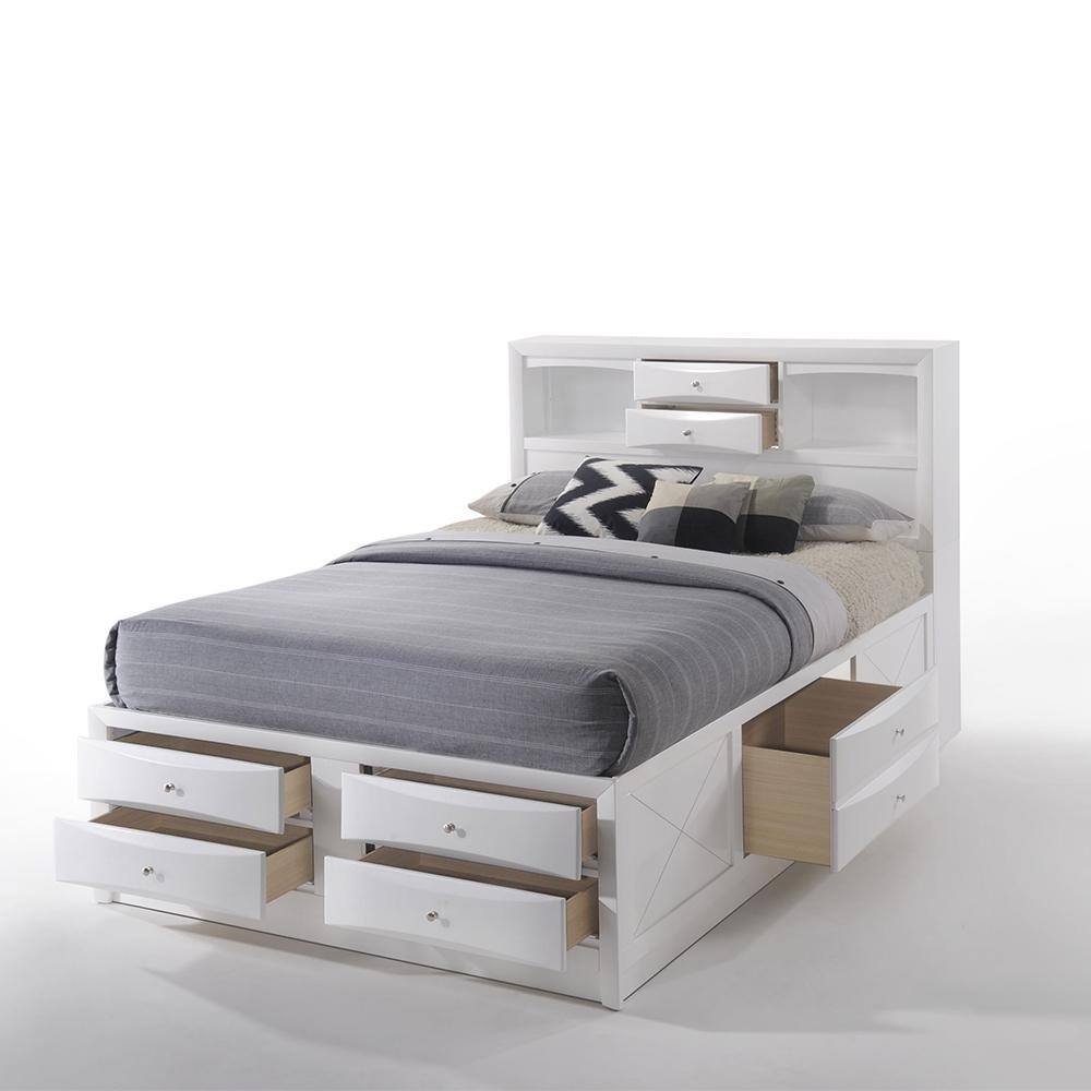 Elegant Full-Size White Wood Frame Storage Bed with Bookcase Headboard