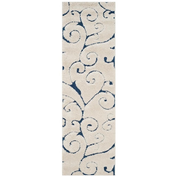 SAFAVIEH Florida Shag Cream/Blue 2 ft. x 7 ft. Floral Runner Rug