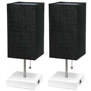 14.25 in. White Petite Stick Lamp with USB Charging Port and Black Fabric Shade Set (2-Pack)