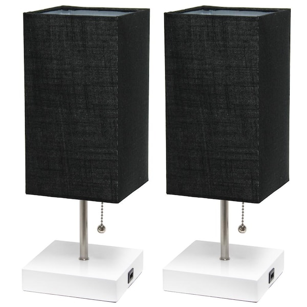 Simple Designs 14.25 in. White Petite Stick Lamp with USB Charging Port and Black Fabric Shade Set (2-Pack)
