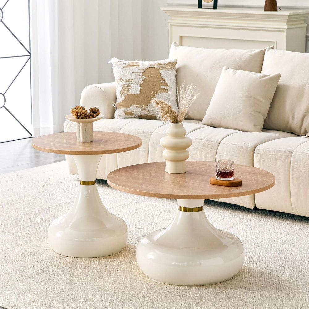 2-Piece 27.5 in. & 19.6 in. Light Wood Color Modern Gourd Shaped Nesting Coffee Table Set, Off White Base Wood End Table