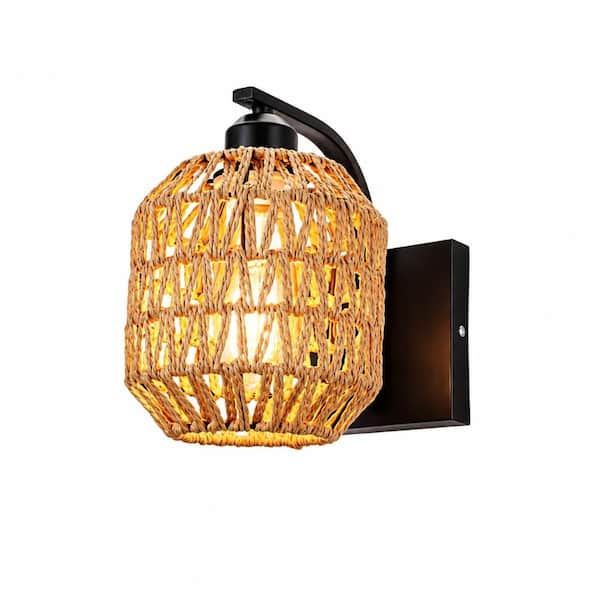 Boho Rattan Wall Sconces Hand-Woven Farmhouse Wall Lamps Indoor Rustic Wall Mount Light Fixtures for Bedroom