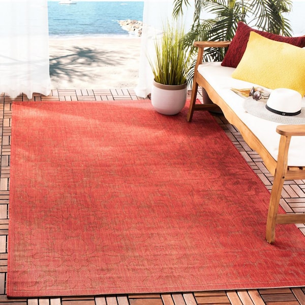 Courtyard Red Doormat 3 ft. x 5 ft. Floral Indoor/Outdoor Patio Area Rug