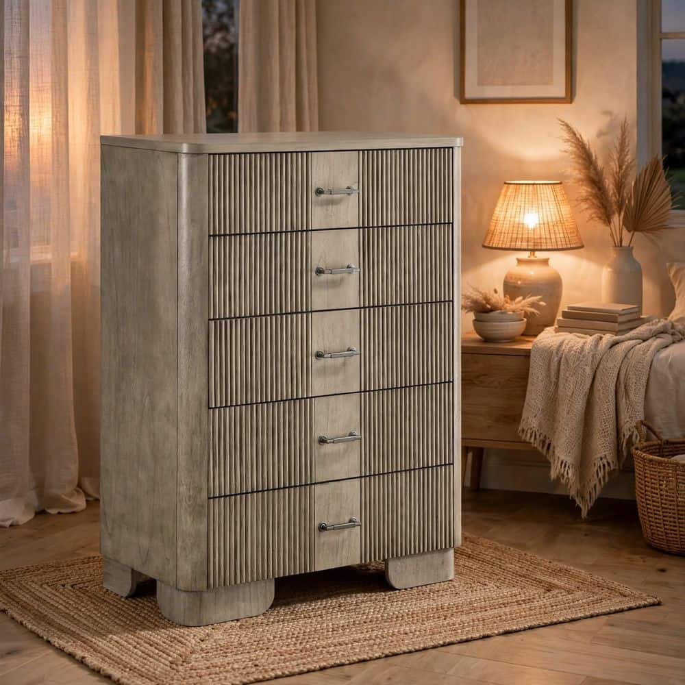 Leky Antique Oak Brown 5-Drawer 35 in. Wide Dresser with Reeded Drawers and Handles