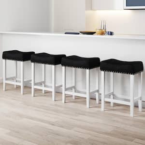 Hylie 24 in. Nailhead Wood Counter Height Bar Stool Dark Gray Faux Leather Cushion White Finish, Set of 4