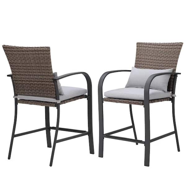 Anvil Dark Brown Wicker Outdoor Bar Stools Patio Barstools Counter Height with Armrests and Gray Cushions (2-Pack)