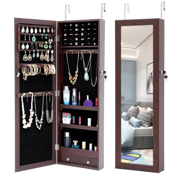 Costway Mirrored Jewelry Cabinet Jewelry Organizer W/2 Led Lights Brown :  Target