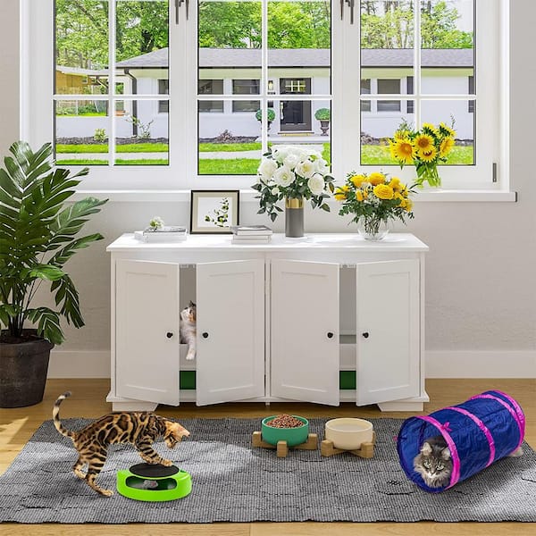 FUFU&GAGA Cat Litter Box Enclosure For 2 Cats, Modern Wood Stackable Large Cat Washroom Cabinet Bench End Table Furniture Black Y Thd 180141 02