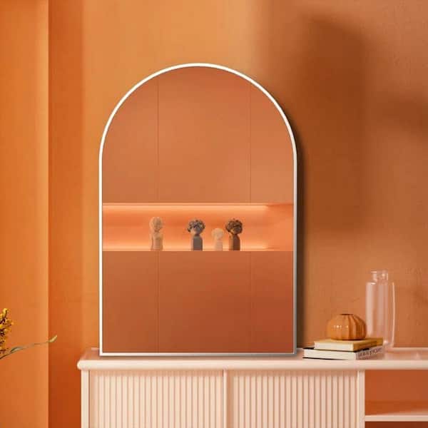 Sleek and Modern Wall Mountable Silver 20 in. W x 30 in. H Decorative Arched Aluminum Framed Vanity Mirror