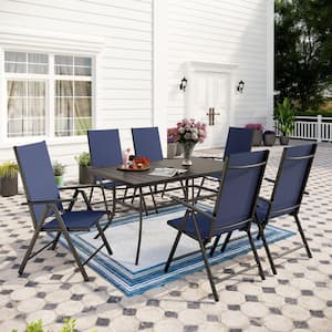7-Piece Metal Patio Outdoor Dining Set with Rectangle Table and Blue Folding Reclining Sling Chairs