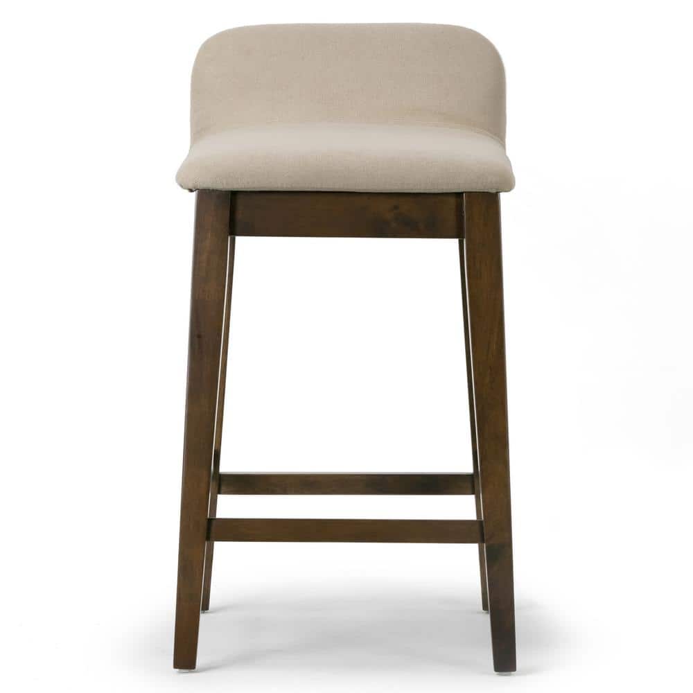Set of 2 Dark Brown Wood Counter Stools with Beige Fabric Seats