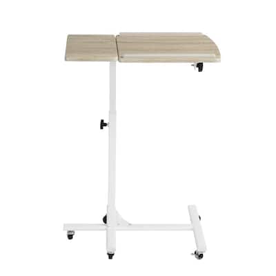 Adjustable 23.62 in. White Beech Castors Board Laptop Desk Rolling Mobile Table with Metal Frame