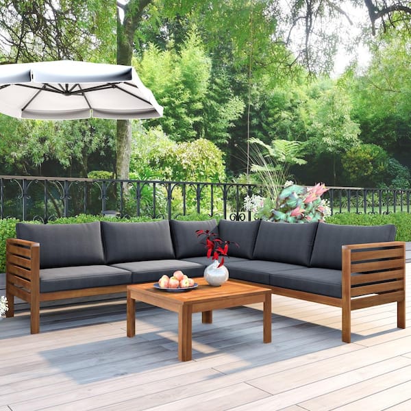 Zeus & Ruta 4-Piece Brown Wood Metal Outdoor Sectional Sofa Set with Gray Cushions, High Quality Acacia Wood Strong