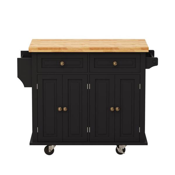 Tatahance Black Wood 43.7 in. Kitchen Island with Spice Rack, Towel