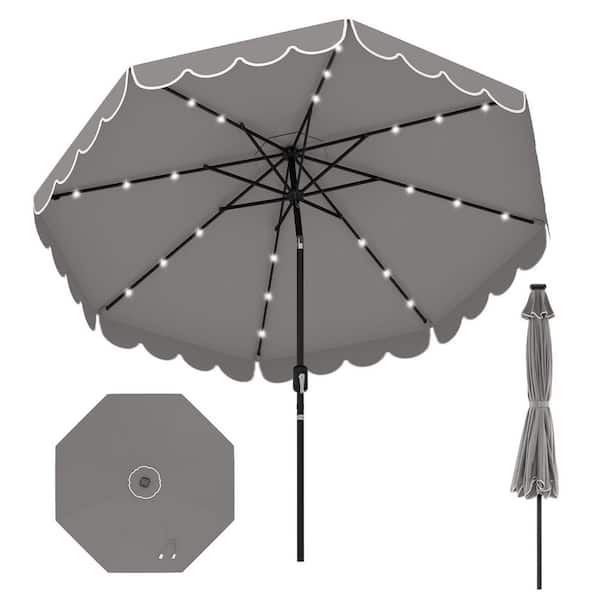 9 ft. Steel Market Solar Patio Umbrella with 24 LED Lights and Crank Tilt Adjustment in Gray