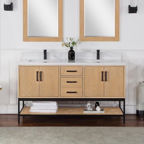 Altair Wildy 60 in. W x 22 in. D x 34 in. H Bath Vanity in Washed Oak with Grain White Composite Stone Top