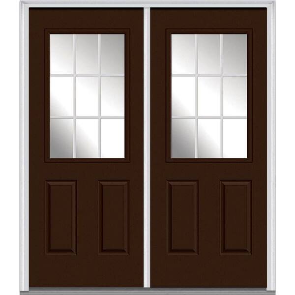 MMI Door 64 in. x 80 in. White Internal Grilles Right-Hand Inswing 1/2-Lite Clear 2-Panel Painted Steel Prehung Front Door