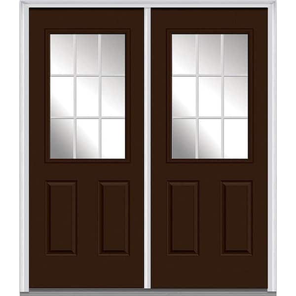 MMI Door 60 in. x 80 in. White Internal Grilles Left-Hand Inswing 1/2-Lite Clear Glass 2-Panel Painted Steel Prehung Front Door