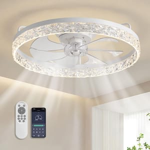 Diamond 24in. Smart Indoor White and Clear Drum Flush Mount Ceiling Fan with Crystal Integrated LED Light Remote Control