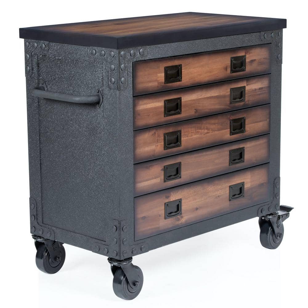 36 in. W x 20 in. D 5-Drawer Rolling Tool Chest with Solid Acacia Wood Top