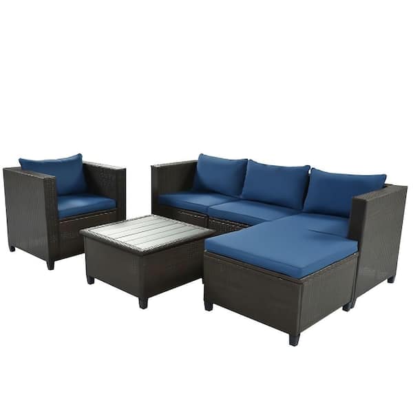 Alpulon 5-Piece Wicker Outdoor Conversation Set Sectional Sofa with Blue Cushions