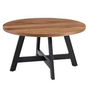 24 in. Brown Round MDF Walnut-Finished Coffee Table with Black Base