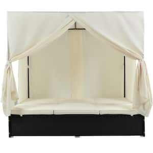 Black Wicker Outdoor Day Bed with Beige Cushions and Adjustable Seats