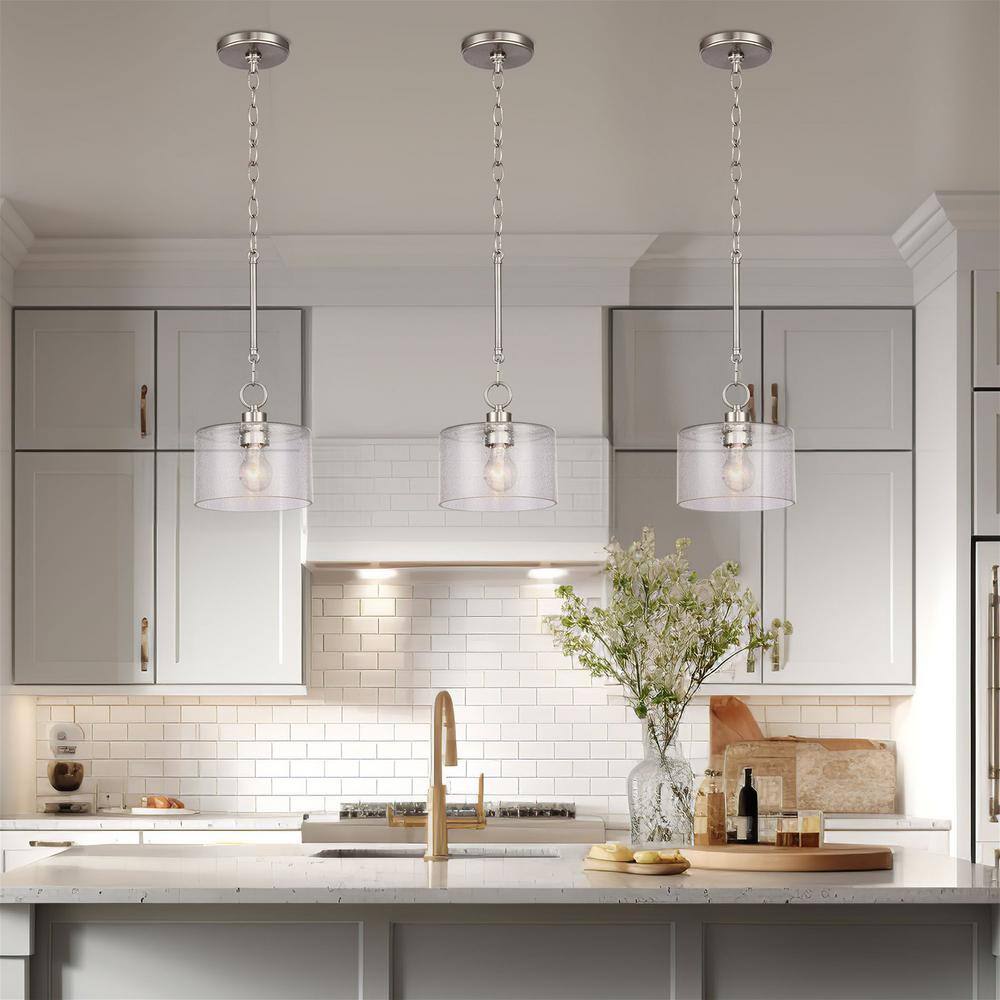 Brushed Nickel 17" Pendant Light with Seeded Glass Shade