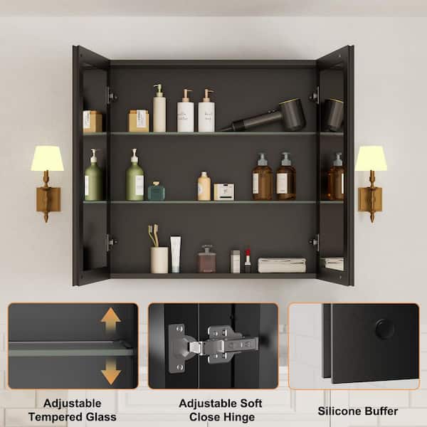 Belle 30 in. W x 30 in. H Rectangular Aluminum Medicine Cabinet with Mirror, Adjustable Shelf, Recessed or Surface Mount