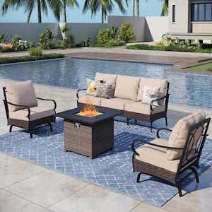 Black Rattan 4-Piece Steel Outdoor Patio Conversation Set with Beige Cushions & Square Wicker Fire Pit Table