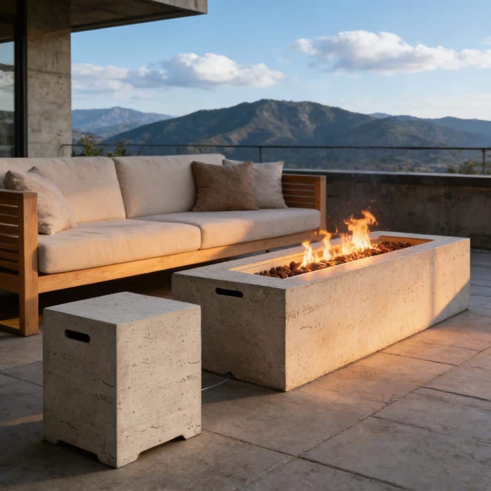 Beige 2-in-1 Outdoor Rectanble Propane Fire Pit Set with Light Gray Propane Tank Cover Table price history on PriceWatchPro