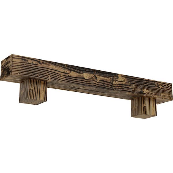 Ekena Millwork 8 in. x 12 in. x 4 ft. Sandblasted Faux Wood Fireplace Mantel Kit, Alamo Corbels, Natural Golden Oak